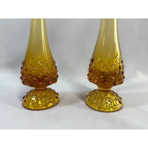 Vintage Pair Fenton Amber Glass Hobnail Swung Vases Footed Marked 10" MCM Retro - Picture 12 of 14